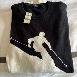 Express Black and White Crewneck Sweater with Ski Design